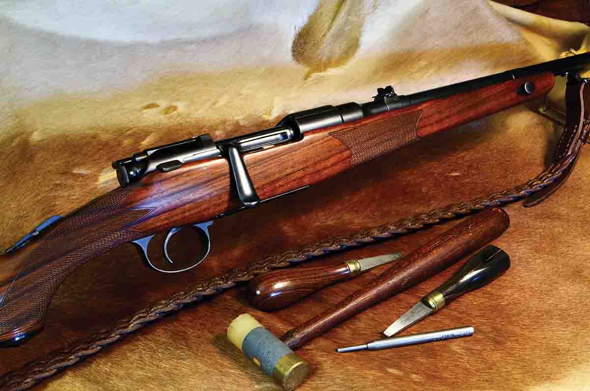 A Mannlicher-Schönauer takedown rifle, built on an M-S Model 1905 action, in 8x57 Mauser. It requires a minimum of tools, but a nice gunsmith’s mallet is always handy.